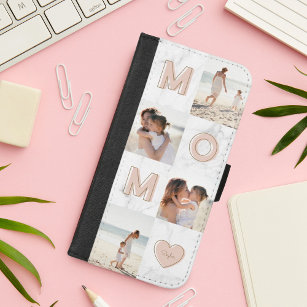 Coque Portefeuille Pour iPhone 8/7 Plus MOM Pink Letters Family Photo Collage Marbre blanc