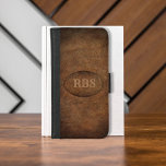 Coque Portefeuille Pour iPhone 8/7 Monogramme en cuir Vignette Vieux Monde Faux<br><div class="desc">Arrière - plan en cuir rustique,  brun,  à l'allure rustique,  aux bords plus foncés et vignettes. Pas du vrai cuir ! L'étiquette ovale est également faite avec la même photo en cuir avec un look imitation couture. Customisez les initiales du monogramme !</div>