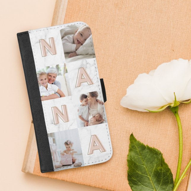 Coque Portefeuille Pour iPhone NANA Lettres roses Famille Photo Collage Marbre