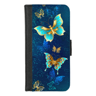 Coque Portefeuille Pour iPhone 8/7 Papillons d'or sur un Arrière - plan bleu