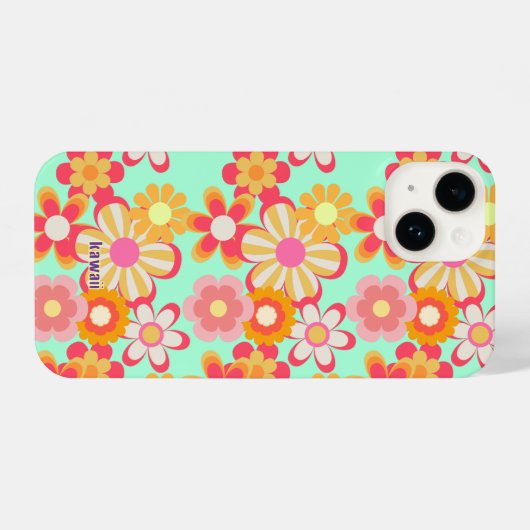 COQUE POUR iPhone 14 レトロかわいいお花デザイン♡ミントグリーン (Verso Horizontal)