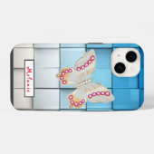 Coque Pour iPhone 14 Abstract blue toned cubes Butterfly  Monogram  (Verso Horizontal)