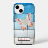 Coque Pour iPhone 14 Abstract blue toned cubes Butterfly  Monogram  (Verso)