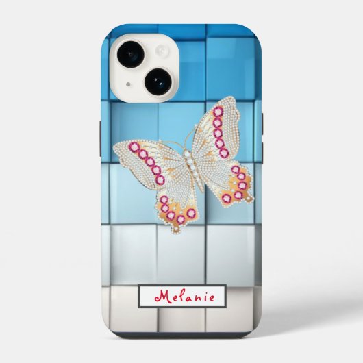 Coque Pour iPhone 14 Abstract blue toned cubes Butterfly  Monogram  (Verso)