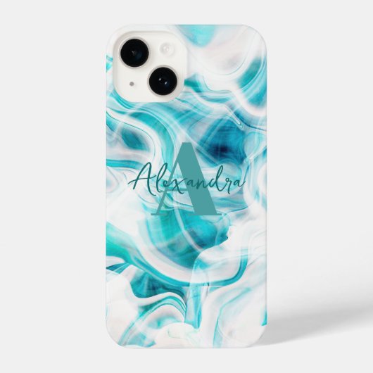 Coque Pour iPhone 14 Abstrait blanc Turquoise Paint Chic Script Nom (Verso)