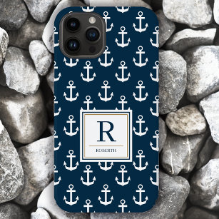 Coque Pour iPhone 14 Ancre nautique Marine Marine Motif bleu Monogramme