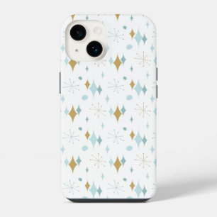 Coque Pour iPhone 14 Aqua, Starburst doré motif milieu du siècle