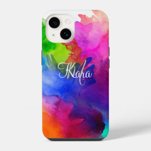 Coque Pour iPhone 14 Aquarelle arc-en-ciel Nom Abstrait Monogramme
