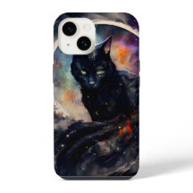Aquarelle Chat Noir Eclipse Lune Oeuvre