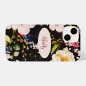 Coque Pour iPhone 14 Aquarelle rose Roses jaunes sur noir, Monogramme (Verso Horizontal)