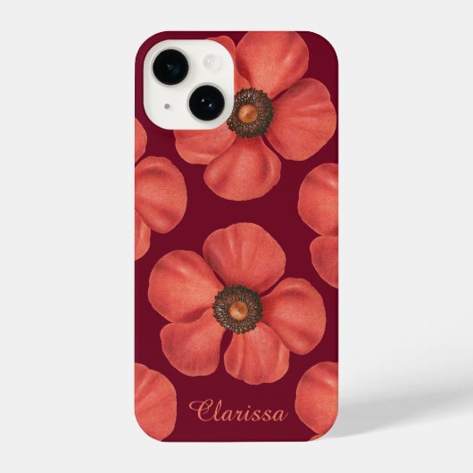 Coque Pour iPhone 14 Aquarelle Rouge Pavot Anémonique Fleurs Monogramme (Verso)