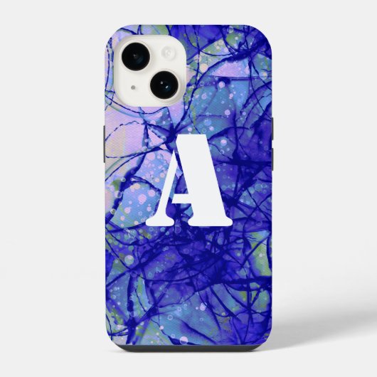 Coque Pour iPhone 14 Art abstrait bleu Monogramme Cool (Verso)