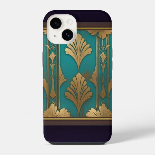 Coque Pour iPhone 14 Art Déco En Bleu Et Or (Verso)