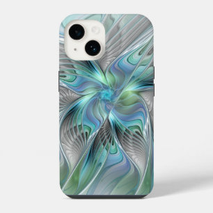 Coque Pour iPhone 14 Art fractal fantaisie papillon bleu vert abstrait