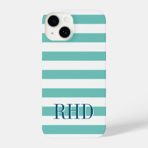 Coque Pour iPhone 14 Bande marine turquoise bleue et blanche nom person