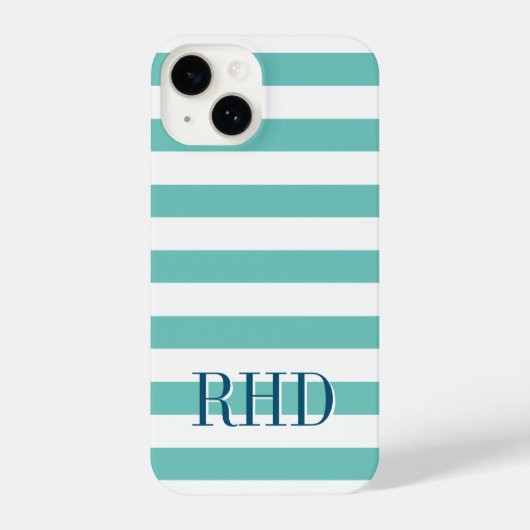 Coque Pour iPhone 14 Bande marine turquoise bleue et blanche nom person (Verso)