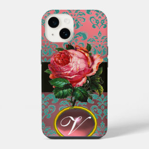 COQUE POUR iPhone 14 BEAU ROSE ROSE BLEU TURQUOISE DAMASK GEM MONOGRAM