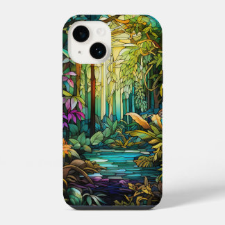Coque Pour iPhone 14 Belle forêt tropicale en vitrail
