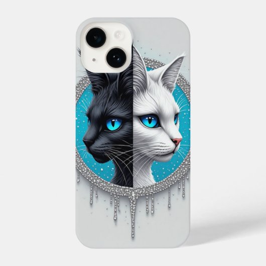 Coque Pour iPhone 14 Black and White Cat Split Portrait With Blue Eyes (Verso)