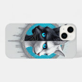 Coque Pour iPhone 14 Black and White Cat Split Portrait With Blue Eyes (Verso Horizontal)