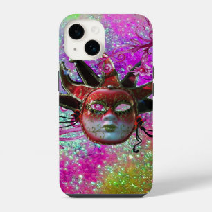 Coque Pour iPhone 14 BLACK RED JESTER MASK Masquerade Party Purple Blue
