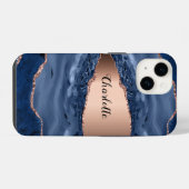 Coque Pour iPhone 14 Bleu agate marbre rose or nom script (Verso Horizontal)