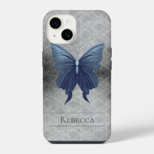 Coque Pour iPhone 14 Bleu bijoux papillon Damas