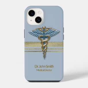 Coque Pour iPhone 14 Bleu clair Médicale Caduceus Faux Gold Foil