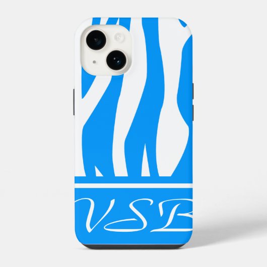Coque Pour iPhone 14 Bleu clair Zèbre Impression avec monogramme (Verso)