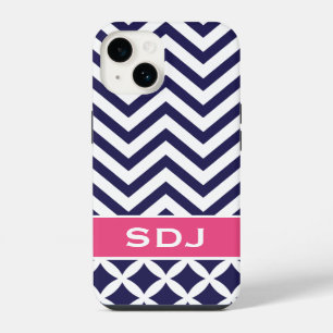 Coque Pour iPhone 14 Bleu marine et chevron rose personnalisé monogramm