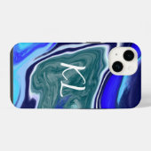Coque Pour iPhone 14 Bleu monogramme et Marbre blanc fluides Art (Verso Horizontal)