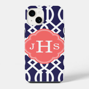 Coque Pour iPhone 14 Bleu Nuit et Corail Treillis Moderne Monogramme