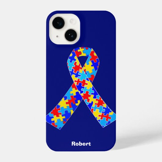 Coque Pour iPhone 14 Bleu ruban Sensibilisation sur l'autisme personnal (Verso)