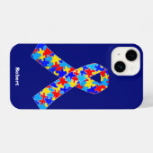 Coque Pour iPhone 14 Bleu ruban Sensibilisation sur l'autisme personnal (Verso Horizontal)