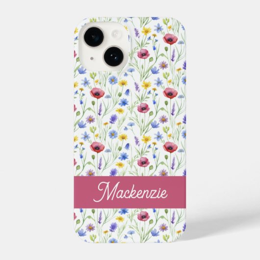 Coque Pour iPhone 14 Blue Pink Wildflower Botanical Custom Name  (Verso)