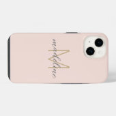 Coque Pour iPhone 14 Blush rose chic or monogramme initial nom script (Verso Horizontal)