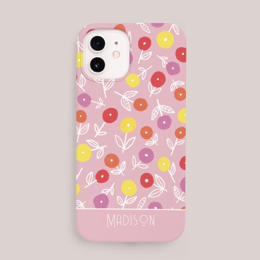 Coque Pour iPhone 14 Boho personnalisé rose moderne Floral nom modèle