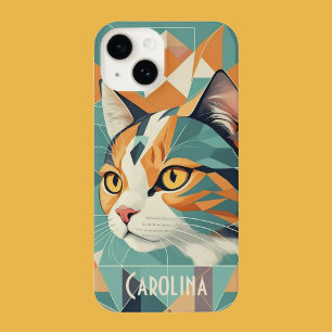 Coque Pour iPhone 14 Boho retro abstrait portrait de chat orange vert