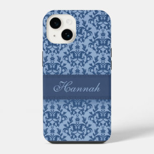 Coque Pour iPhone 14 Botanique damas poudre bleu nom personnalisé