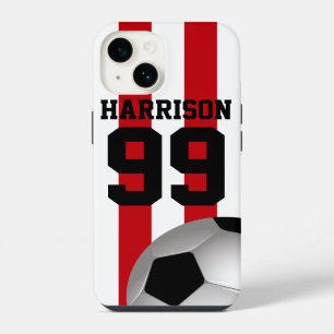 Coque Pour iPhone 14 Boule de soccer personnalisée en bandes rouge et b