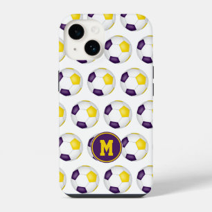 Coque Pour iPhone 14 boules de football en or violet motif monogrammé