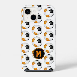 Coque Pour iPhone 14 boules de football orange noir motif monogrammé