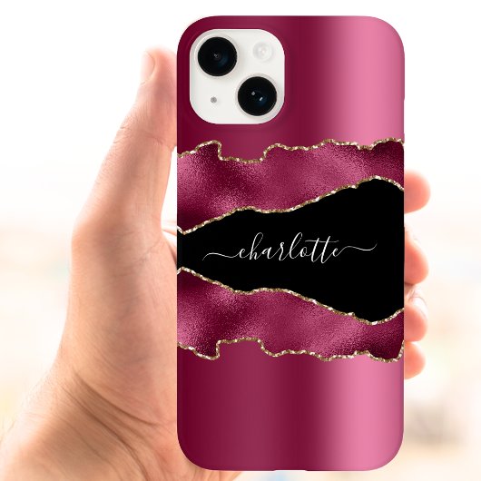 Coque Pour iPhone 14 Bourgeon rose agate noir nom script
