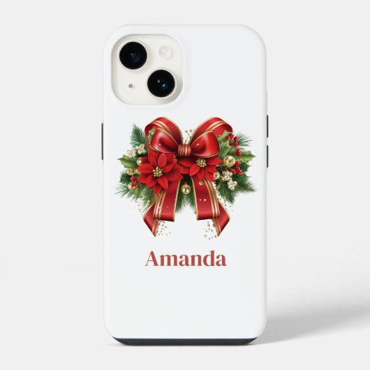 Coque Pour iPhone 14 Bow de Noël Festif Rouge et Or (Verso)