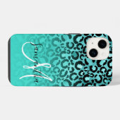 Coque Pour iPhone 14 Bright Turquoise Léopard Ombré Monogramme (Verso Horizontal)