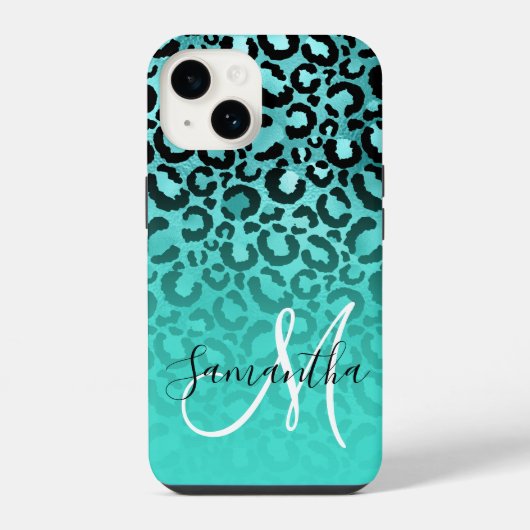 Coque Pour iPhone 14 Bright Turquoise Léopard Ombré Monogramme (Verso)