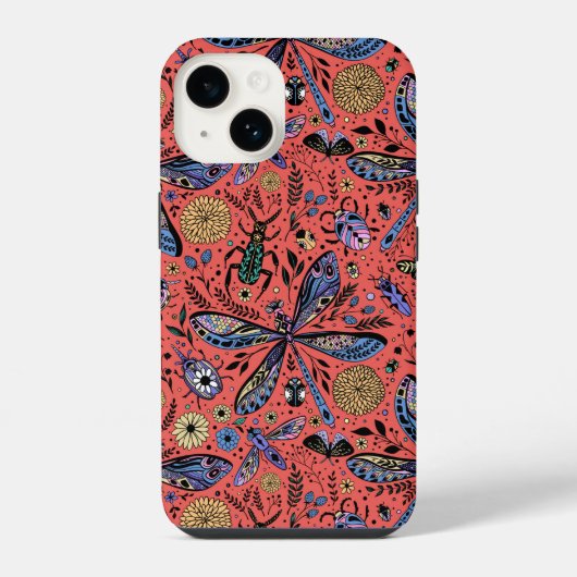 Coque Pour iPhone 14 Bugs de Doodle sur corail rouge (Verso)