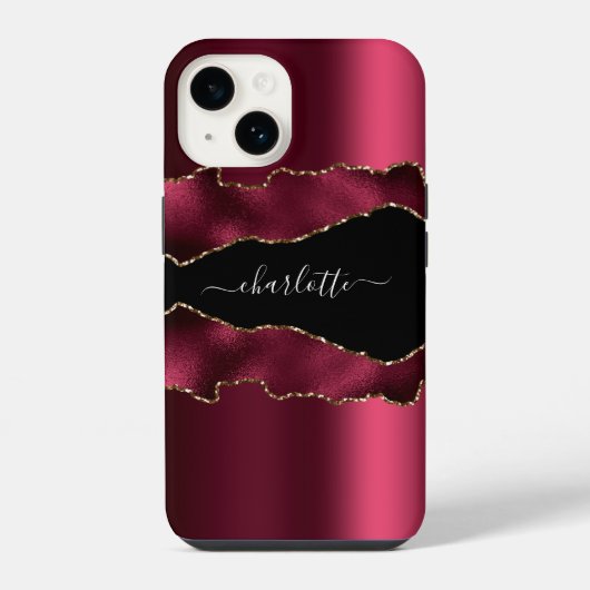 Coque Pour iPhone 14 Burgundy noir or agate marbre nom script (Verso)