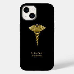 Coque Pour iPhone 14 Caducée Or sur Fond Noir Élégant Médical