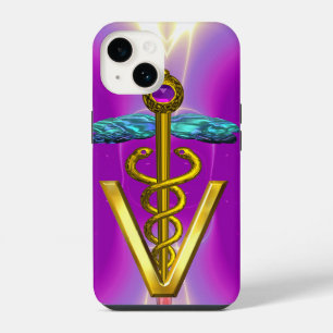 Coque Pour iPhone 14 CADUCÉE VÉTÉRINAIRE DORÉ SYMBOLE / Fuchsia rose
